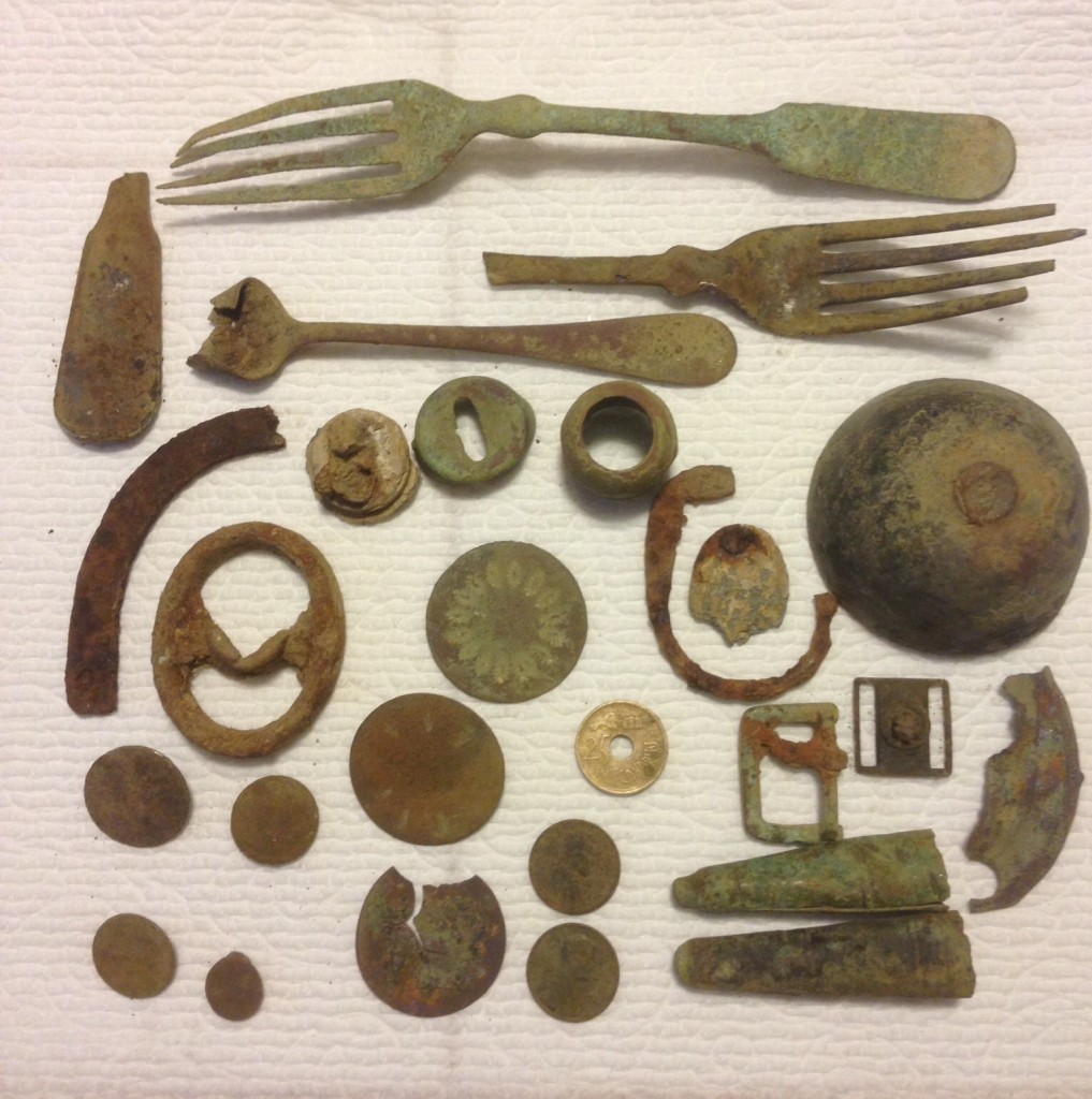 My BONE FINDS: forks, buttons, a bell, ox knob, and your guess is as good as mine on the rest...